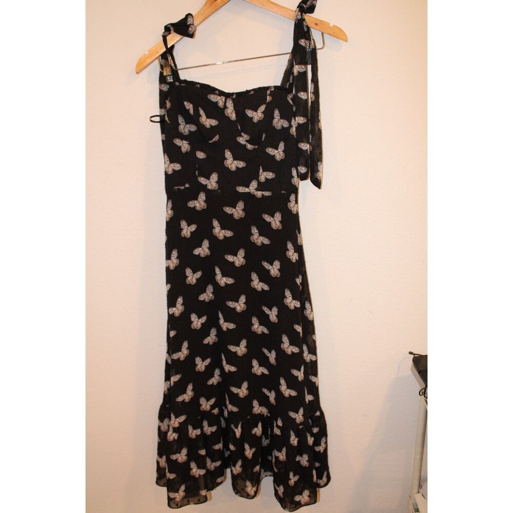 Black butterfly swiss dot tie strap tiered maxi dress size 2 lined no brand